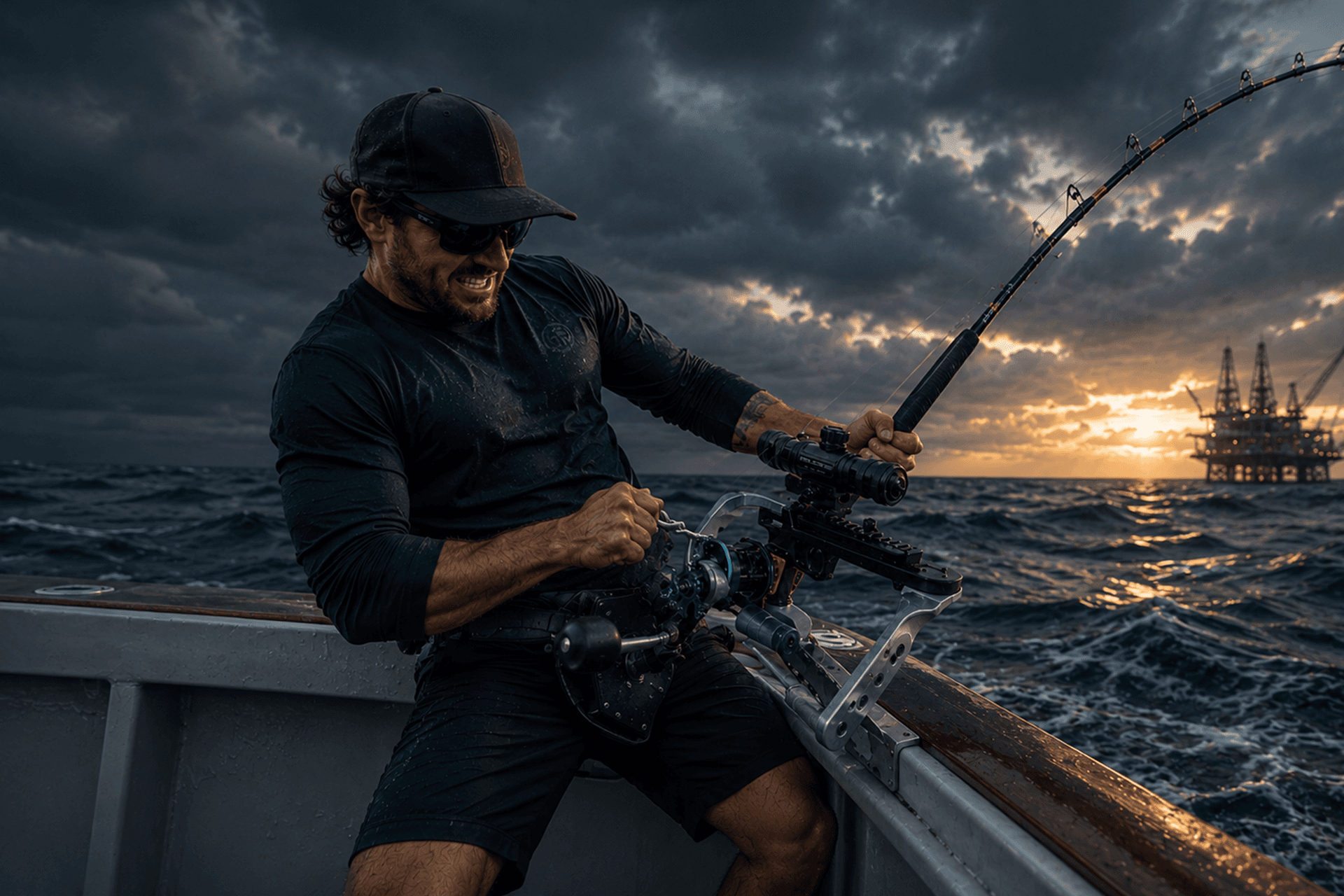 An angler in the fight offshore